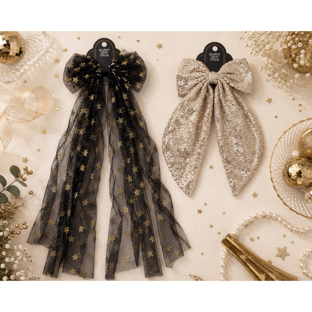 2 Holiday Hair Bow Clips Gold Sequin & Black Tulle Gold Stars Party Set